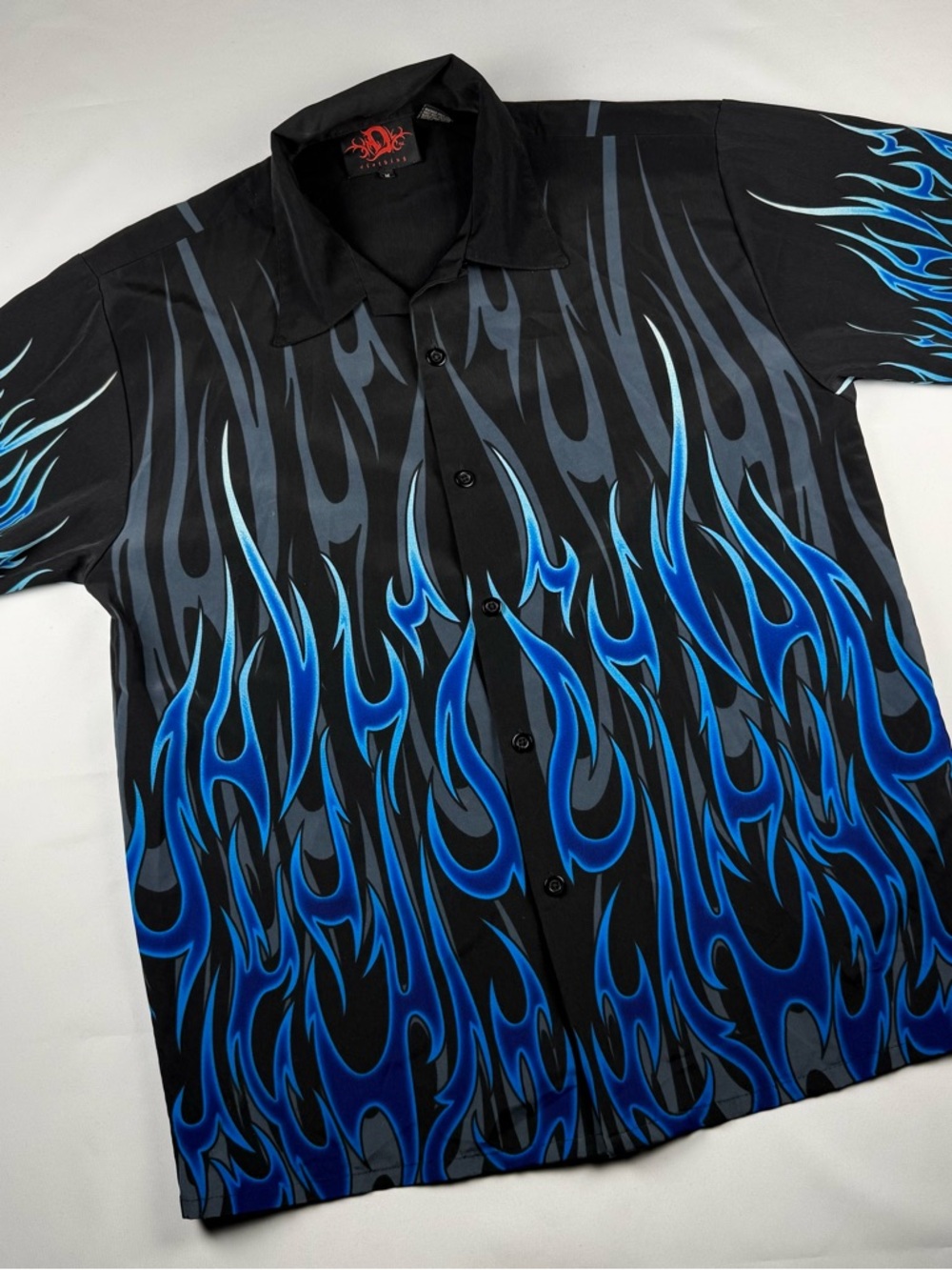 Dragonfly Clothing Y2K MENS M Black Blue Flames Button Down Shirt 90s VINTAGE